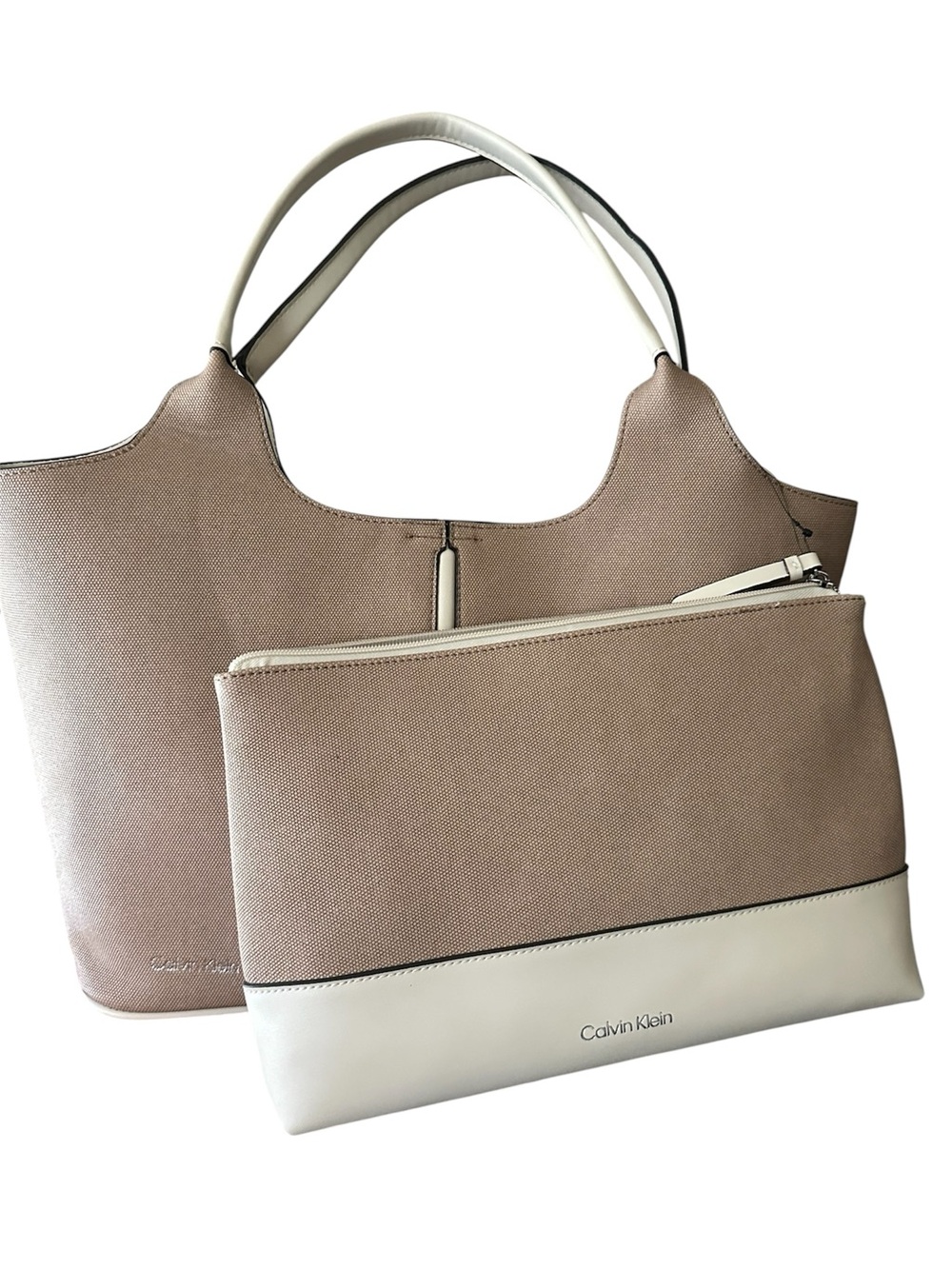 Calvin Klein Taupe Tote with Cream Accent Pouch